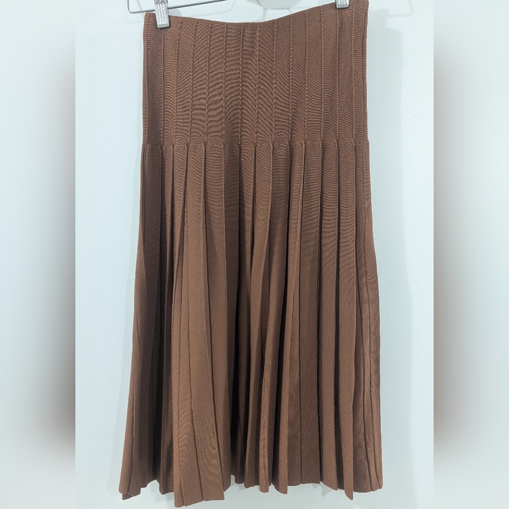 Brown Knit Pleated Knee Length Skirt